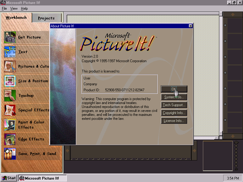 Microsoft Picture It! 2.0 About Screen (1997)